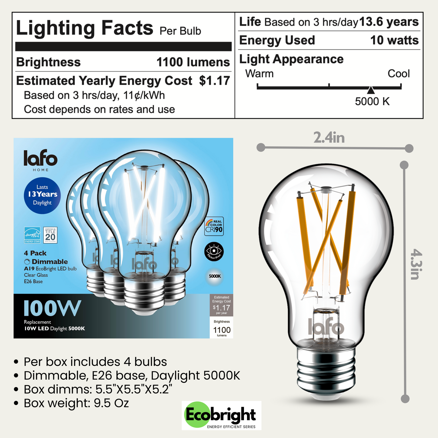 A19-E26 EcoBright™ Bulb-100W 2700K/5000K (4/8/12 Pack)