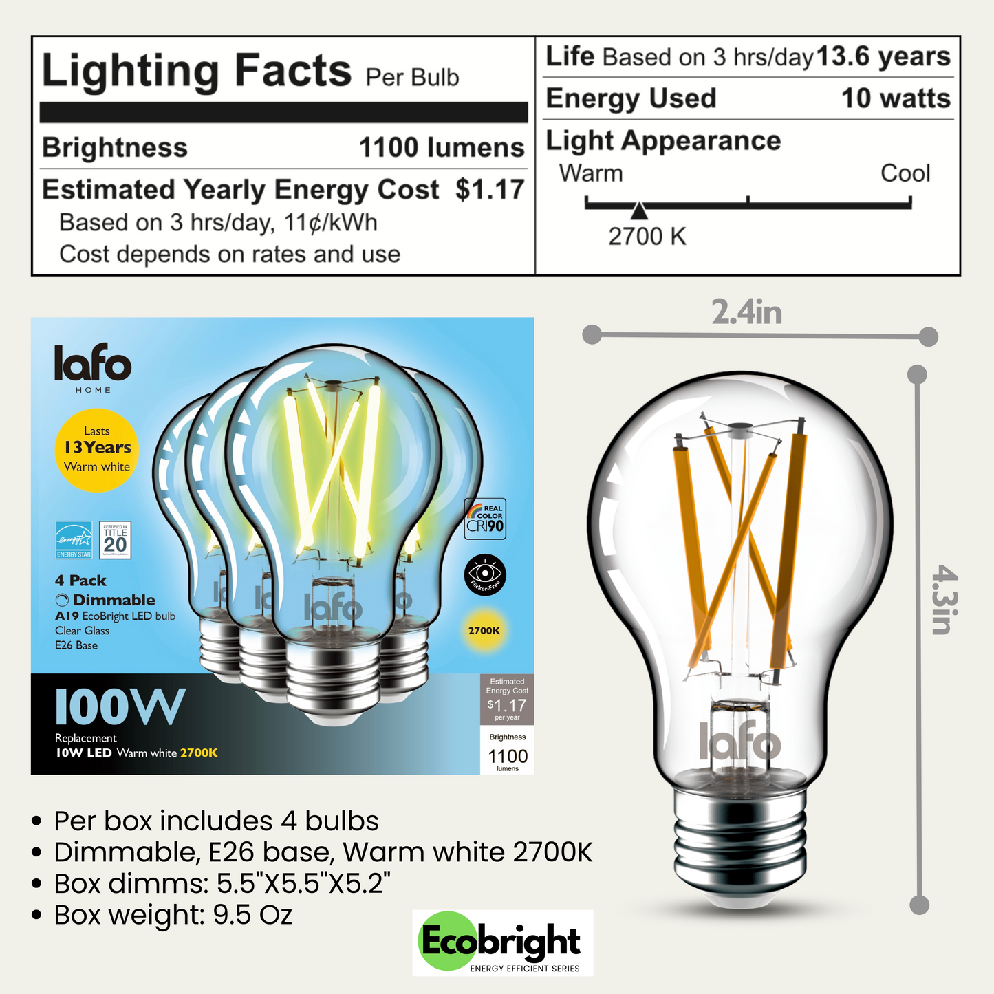 A19-E26 EcoBright™ Bulb-100W 2700K/5000K (4/8/12 Pack)