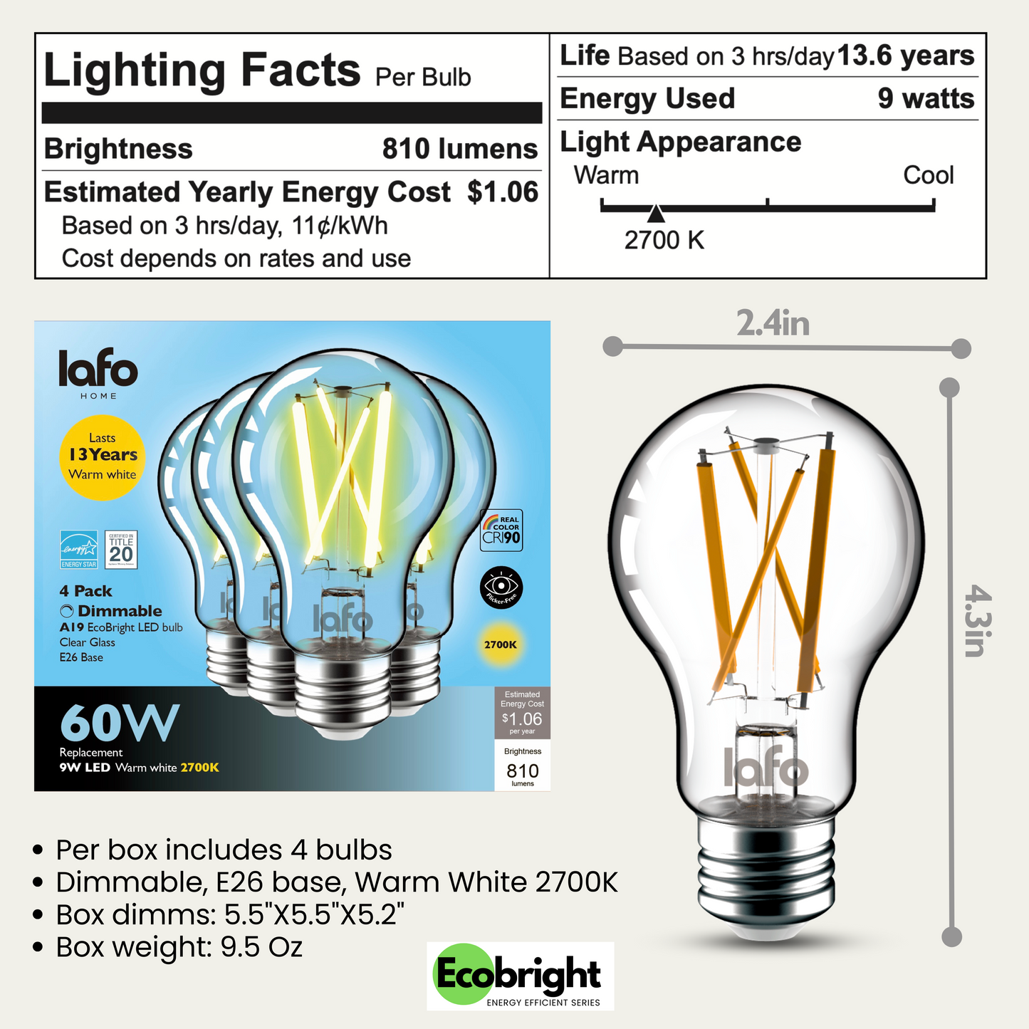 A19-E26 EcoBright™ bulb-60W 2700K/5000K (4/8/12 Pack)