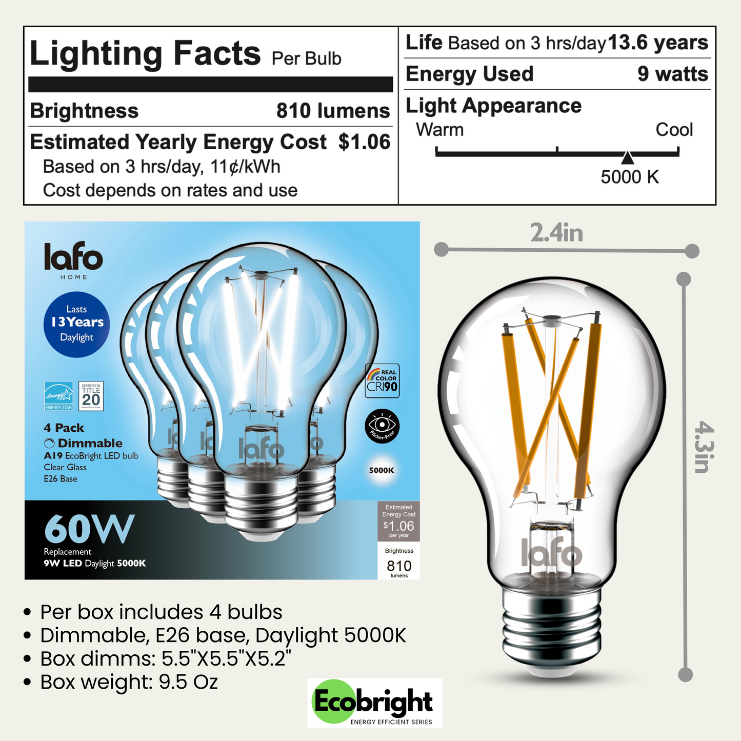 A19-E26 EcoBright™ bulb-60W 2700K/5000K (4/8/12 Pack)