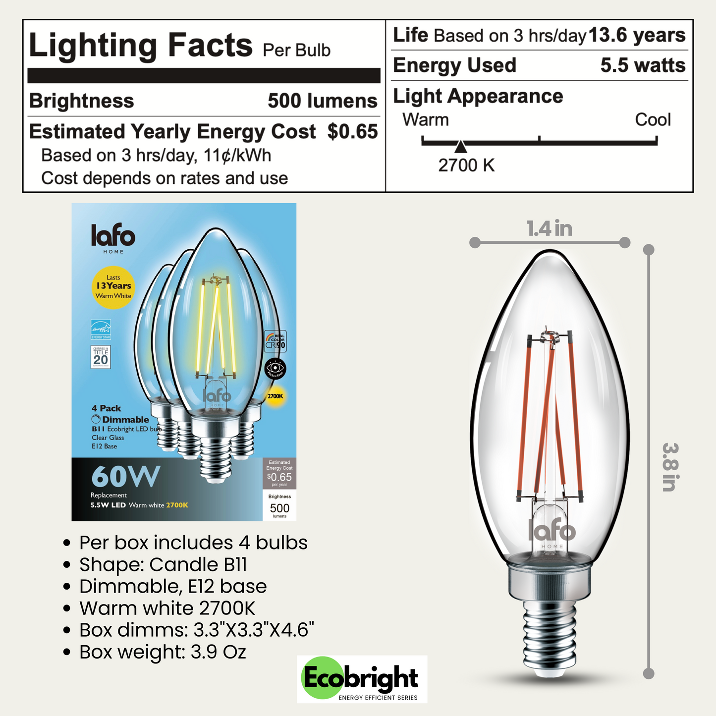 B11-E12 EcoBright™ candle-60W 2700K (4/8/12 pack)