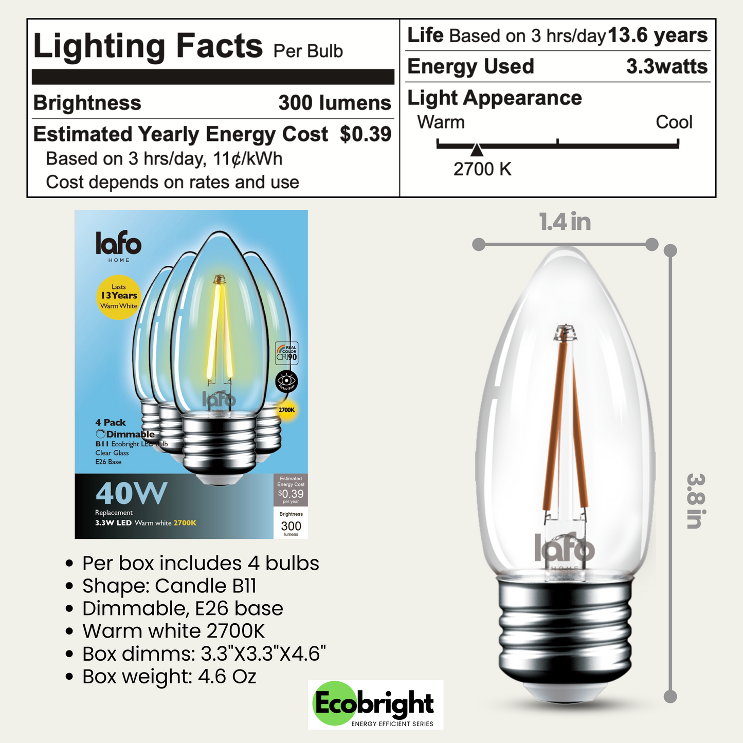 B11-E26 EcoBright™ candle-40W 2700K(4/8/12 pack)