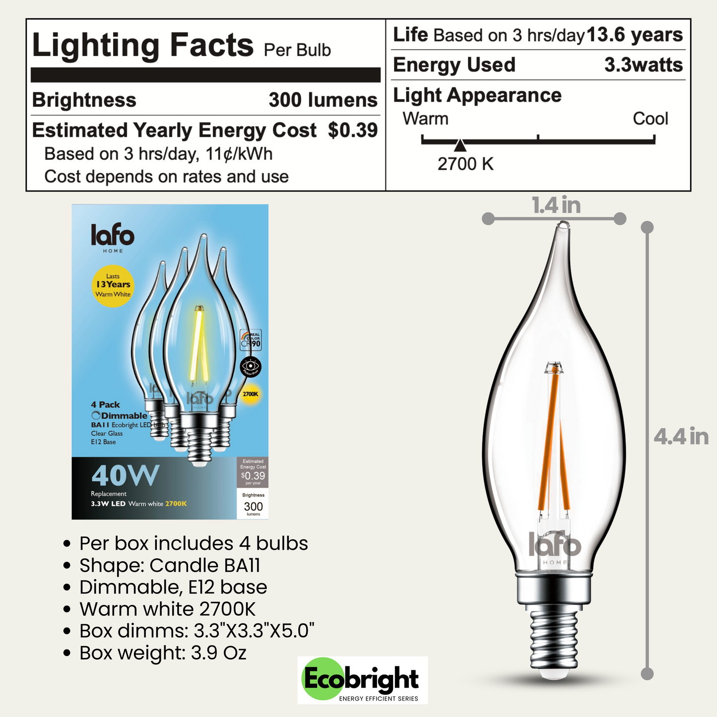 BA11 -E12 EcoBright™ candle 40W 2700K (4/8/12 Pack)