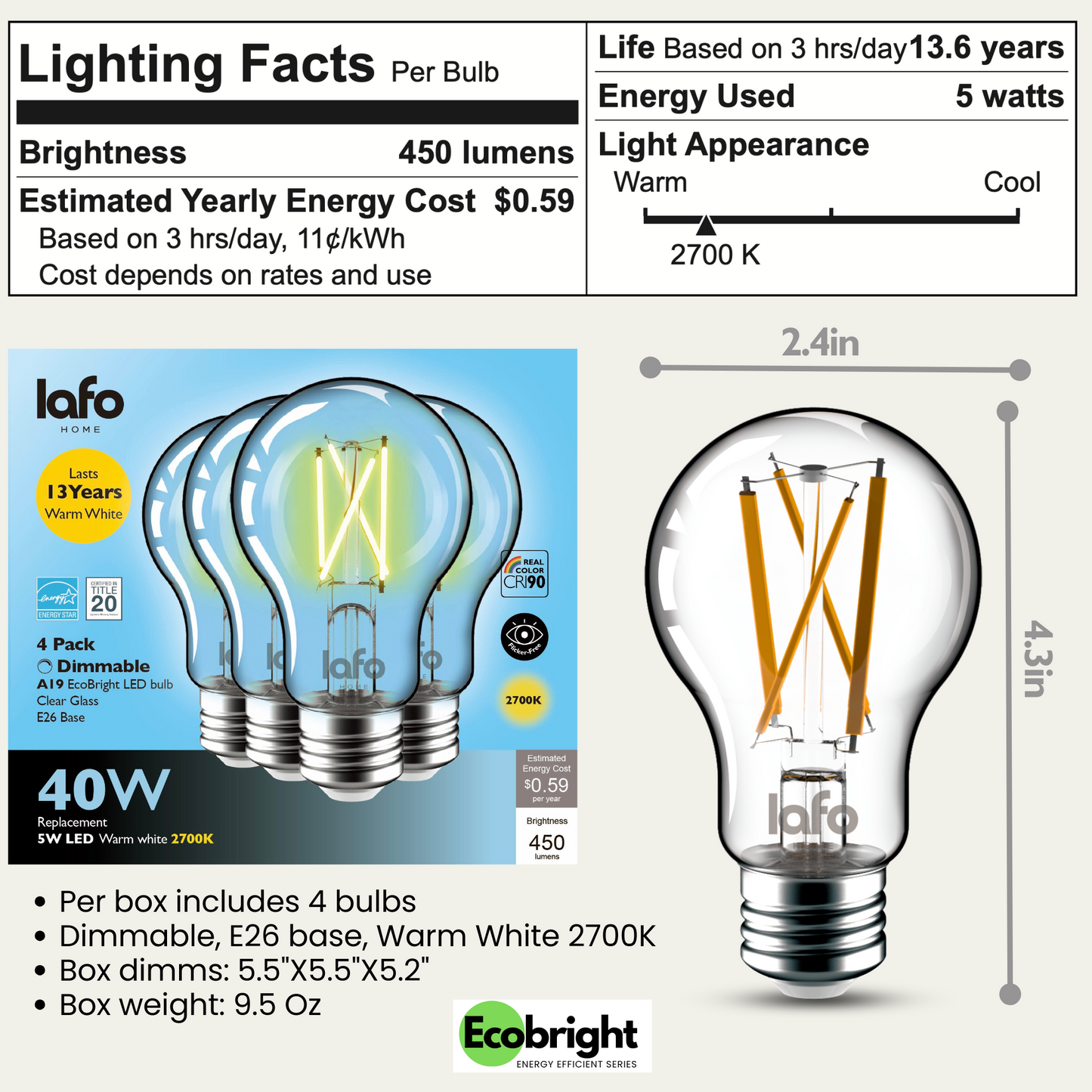 A19-E26 EcoBright bulb-40W 2700K/5000K (4/8/12 Pack)