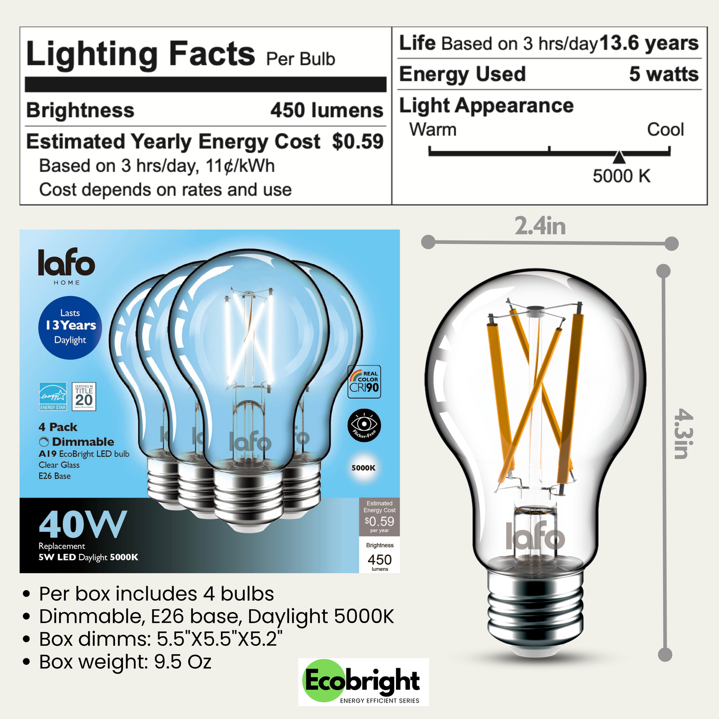 A19-E26 EcoBright bulb-40W 2700K/5000K (4/8/12 Pack)