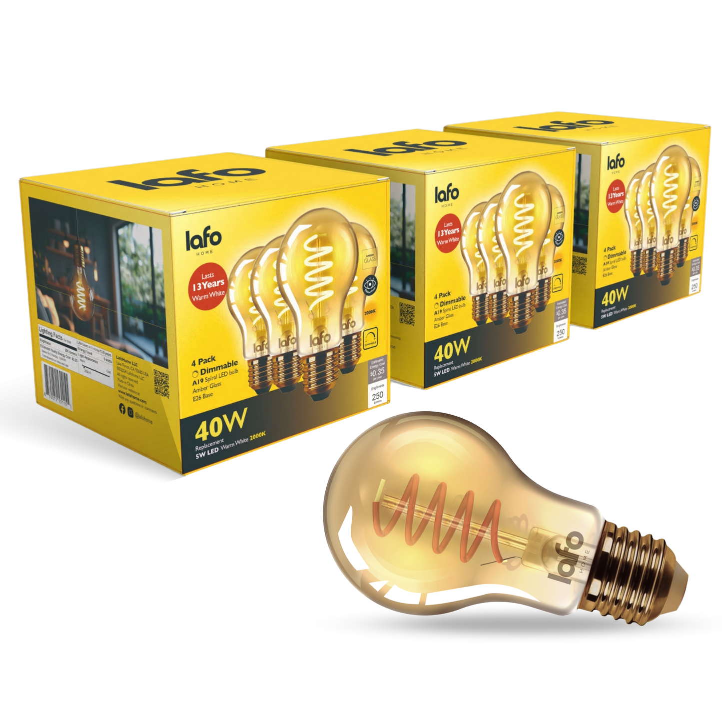 A19-E26 TimelessGlow amber bulb 40W 2000K(4/8/12 Pack)