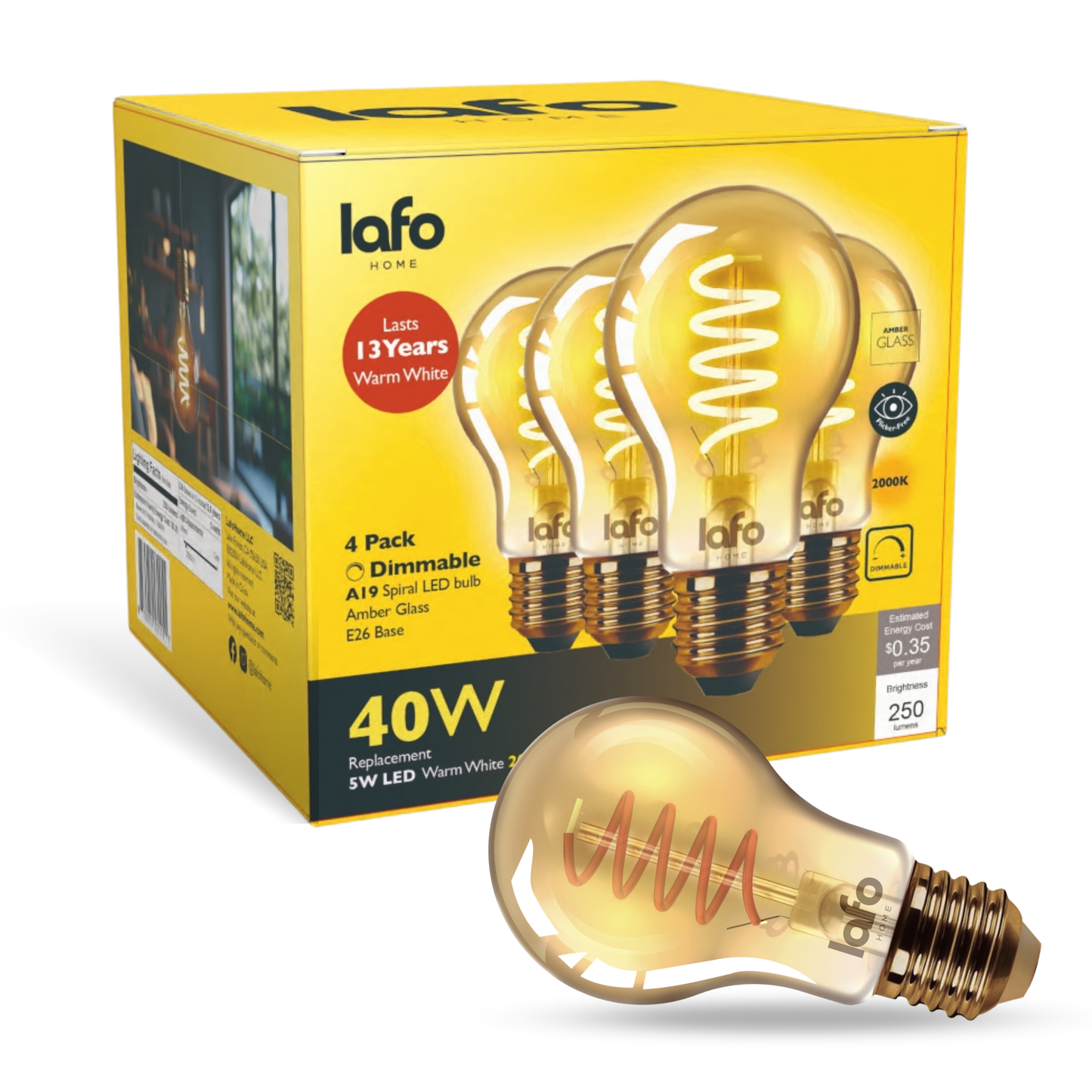 A19-E26 TimelessGlow amber bulb 40W 2000K(4/8/12 Pack)