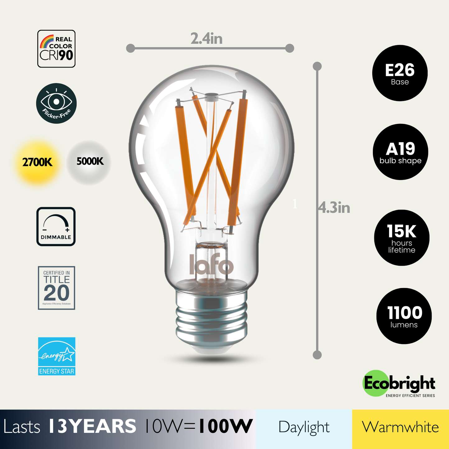 A19-E26 EcoBright™ bulb-60W 2700K/5000K (4/8/12 Pack)
