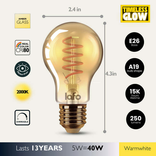 A19-E26 TimelessGlow amber bulb 40W 2000K(4/8/12 Pack)