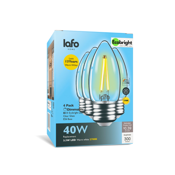 EcoBright B11 LED Candelabra Bulbs, 2700K Warm White, 300 Lumens, CRI 90+, Dimmable, E26 Base, 40W Equivalent