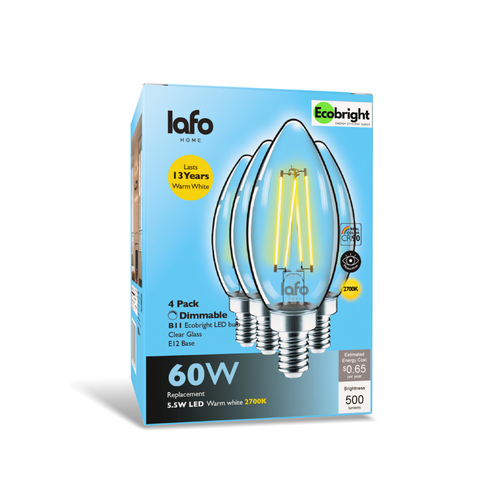 LafoHome EcoBright B11 LED Candelabra Bulbs — 2700K Warm White, Dimmable (E12 Base, 60W Equivalent)