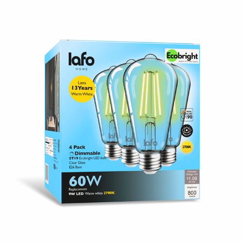 LafoHome EcoBright ST19 LED Edison Bulbs — 2700K Warm White, Dimmable (E26 Base, 60W Equivalent)