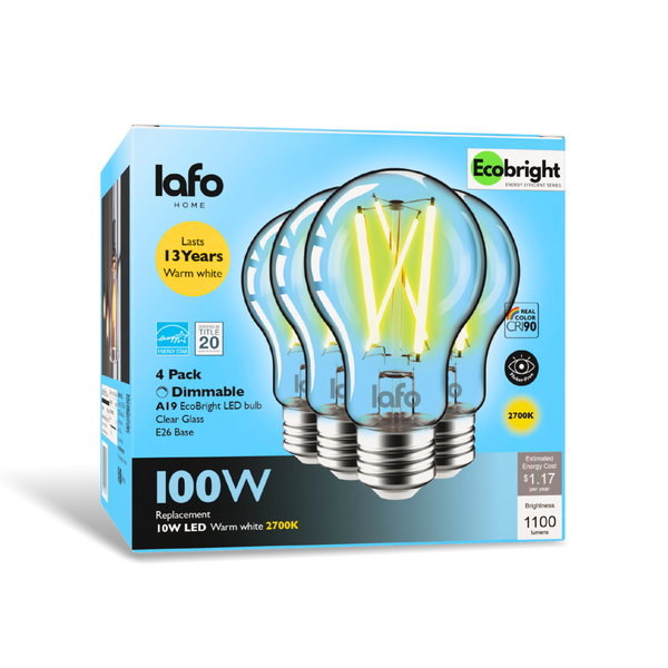 EcoBright A19 LED Filament Bulb, 100W Equivalent, 1100 Lumens, CRI 90+, Dimmable E26