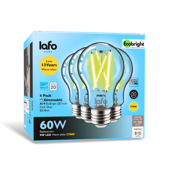 EcoBright A19 LED Filament Bulb, 9W (60W Eq), 800 Lumens, CRI 90+, Dimmable, E26, Clear Glass