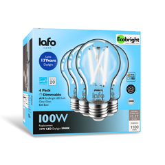 EcoBright A19 LED Filament Bulb, 100W Equiv, 1100 Lumens, Dimmable E26 – Kitchen, Dining Room & Large Rooms
