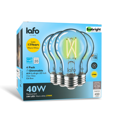 EcoBright A19 LED Filament Bulb, 40W Equivalent, 450 Lumens, E26, Dimmable, CRI 90+