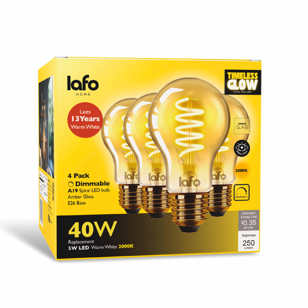 TimelessGlow A19 LED Amber Bulb, 2000K, Dimmable E26, 40W Eq
