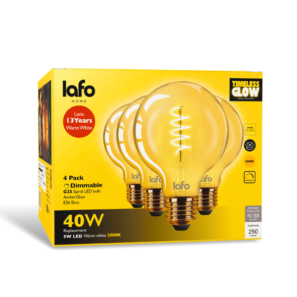 LafoHome TimelessGlow G25 LED Globe Bulbs – 2000K Amber Warm Glow, Dimmable, E26 Base, 40W Equivalent