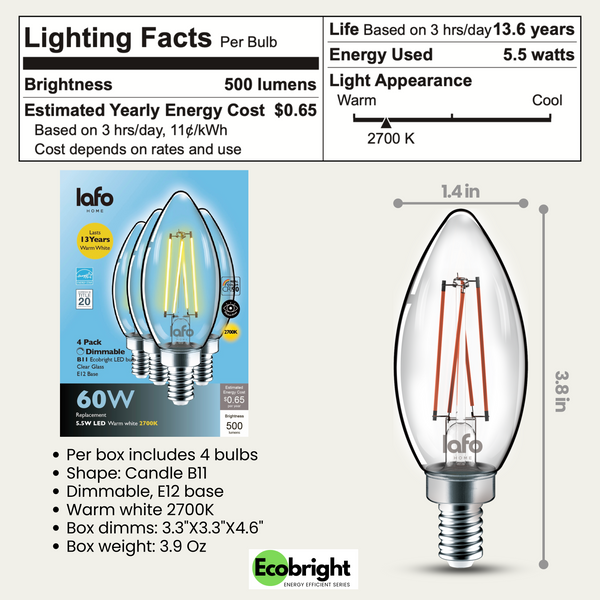 B11-E12 EcoBright™ candle-60W 2700K (4/8/12 pack)