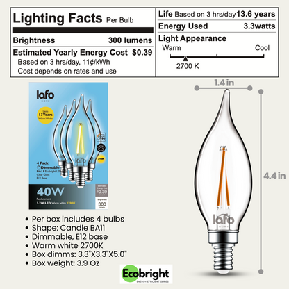 BA11 -E12 EcoBright™ candle 40W 2700K (4/8/12 Pack)