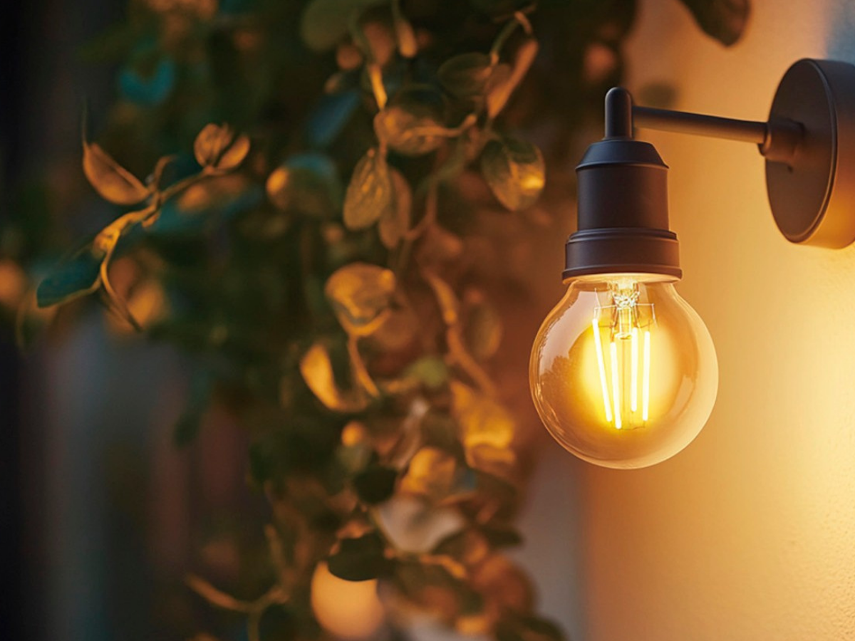 LafoHome Ecobright G25 Light bulb on a wall fixture with green foliage in the background
