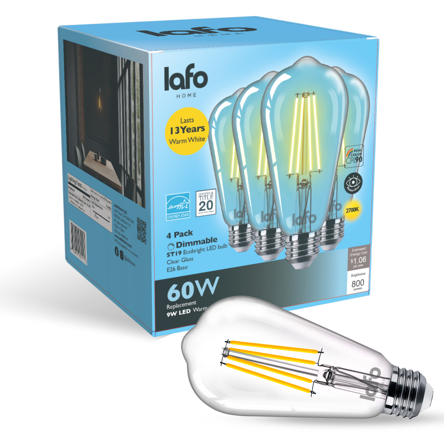 ST19-E26 EcoBright™ Edison bulb -60W 2700K/5000K (4/8/12 Pack)