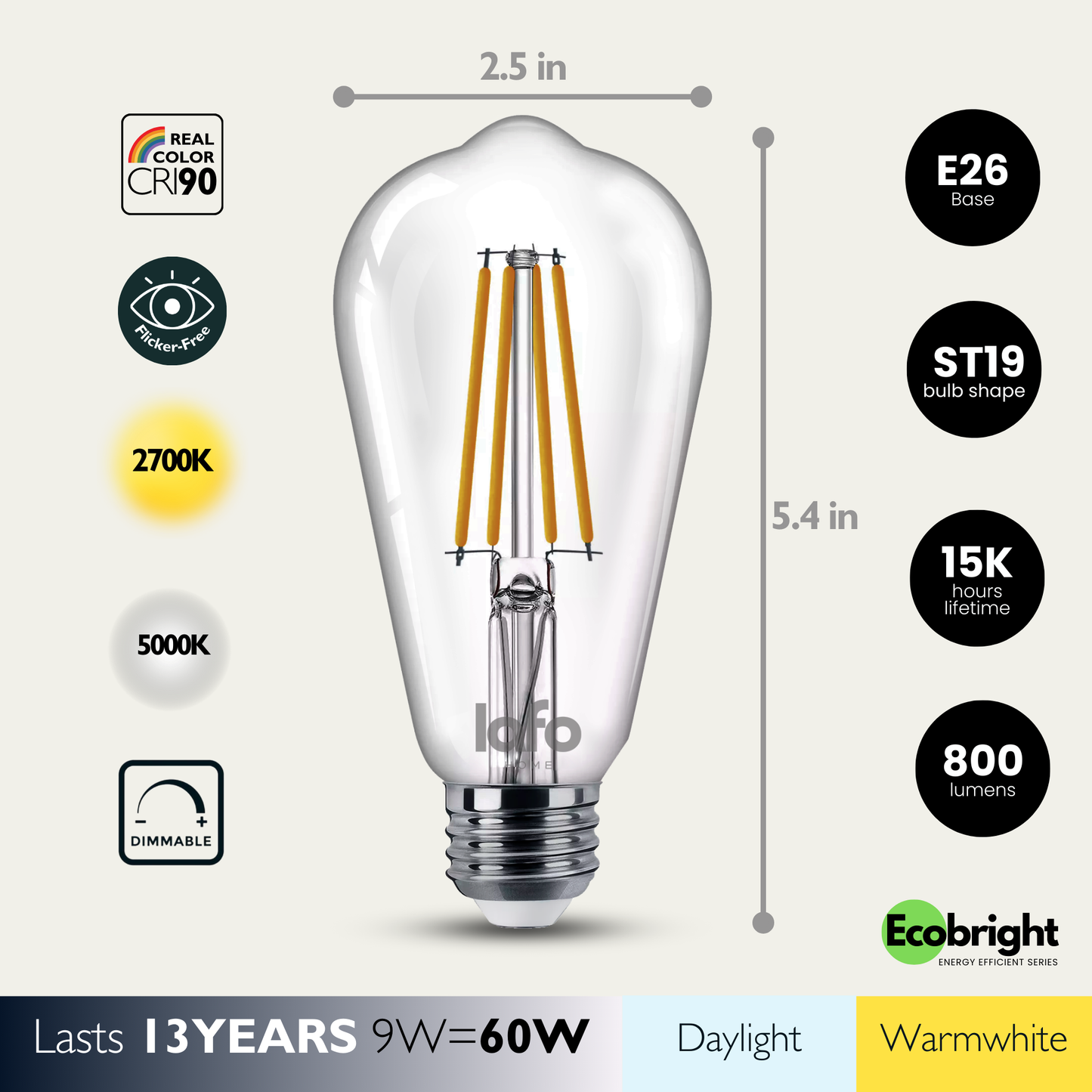 ST19-E26 EcoBright™ Edison bulb -60W 2700K/5000K (4/8/12 Pack)